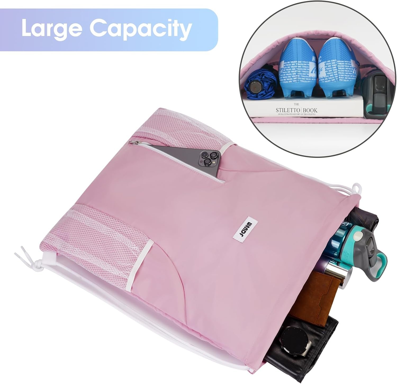 Drawstring Backpack Sports Gym Sackpack with Mesh Pockets Water Resistant String Bag for Women Men(Pink)