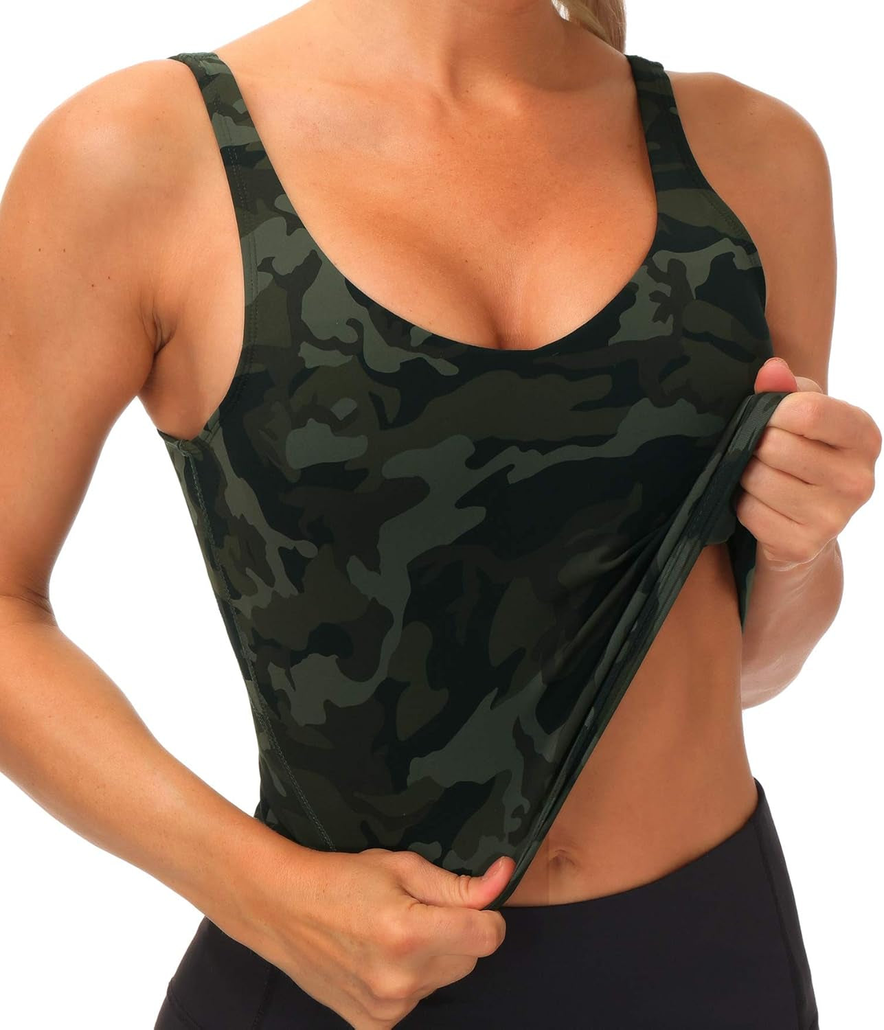 Womens Camo Longline Sports Bra Wirefree Padded Medium Support Yoga Bras Gym Running Workout Tank Tops