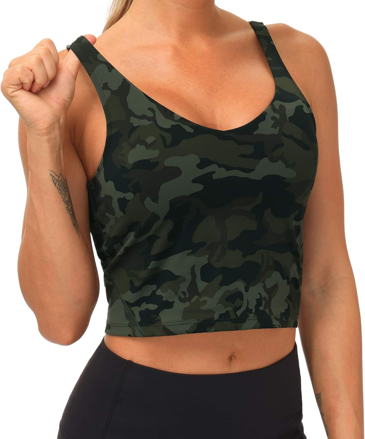 Womens Camo Longline Sports Bra Wirefree Padded Medium Support Yoga Bras Gym Running Workout Tank Tops