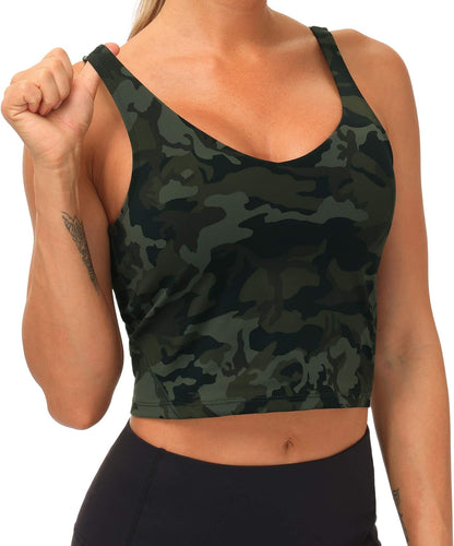 Womens Camo Longline Sports Bra Wirefree Padded Medium Support Yoga Bras Gym Running Workout Tank Tops