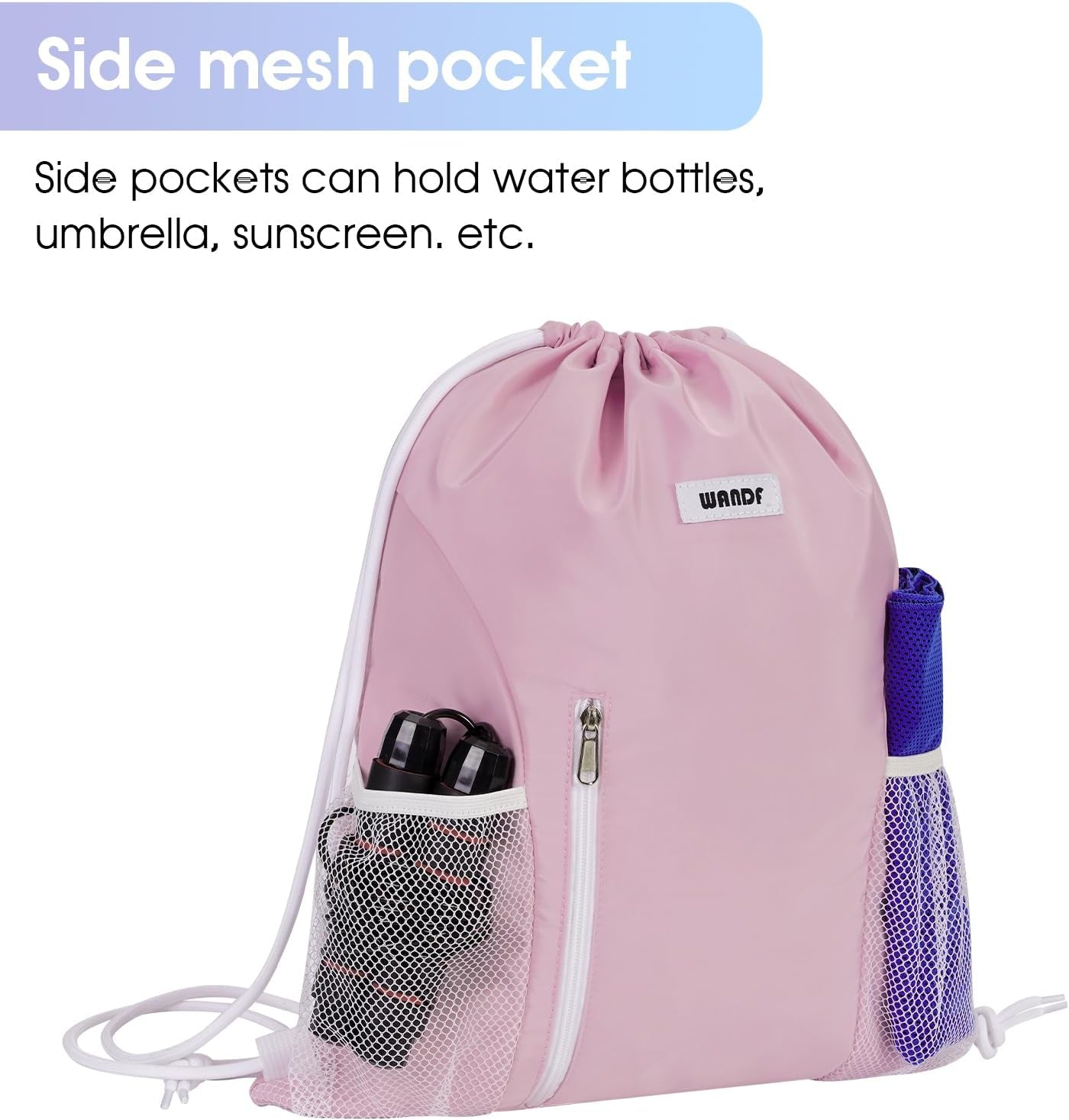 Drawstring Backpack Sports Gym Sackpack with Mesh Pockets Water Resistant String Bag for Women Men(Pink)