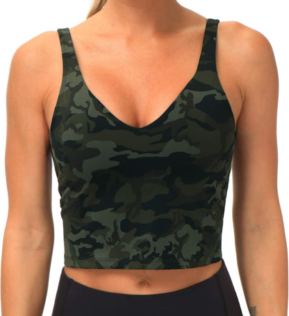 Womens Camo Longline Sports Bra Wirefree Padded Medium Support Yoga Bras Gym Running Workout Tank Tops