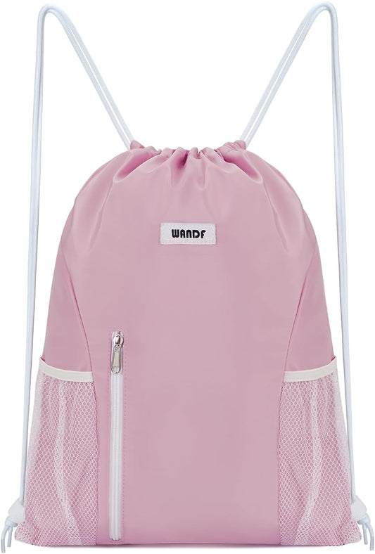 Drawstring Backpack Sports Gym Sackpack with Mesh Pockets Water Resistant String Bag for Women Men(Pink)